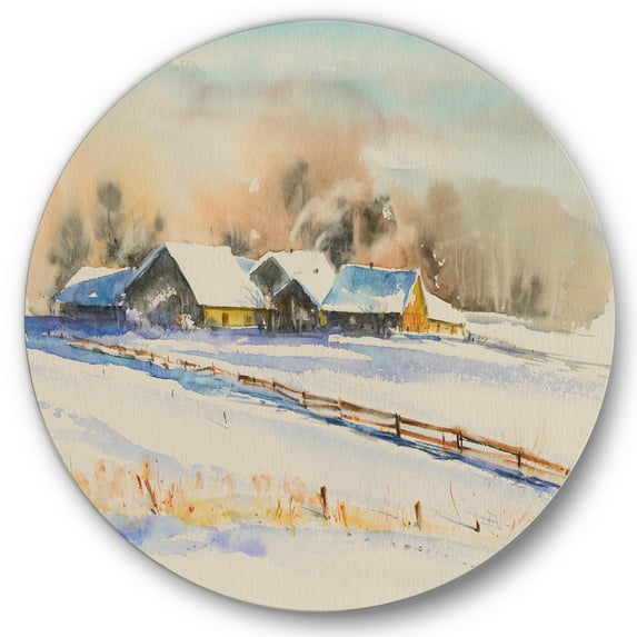 Designart 'Small VIllage At Evening Covered With Snow' Traditional Circle Metal Wall Art 29x29 - Disc of 29