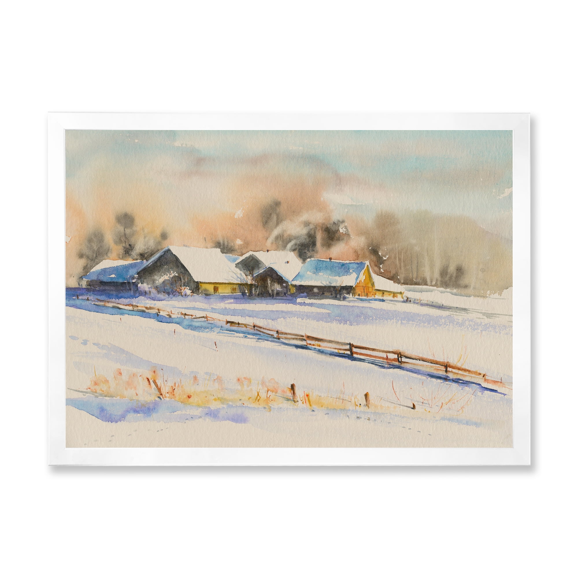 Designart 'Small VIllage At Evening Covered With Snow' Traditional Framed Art Print