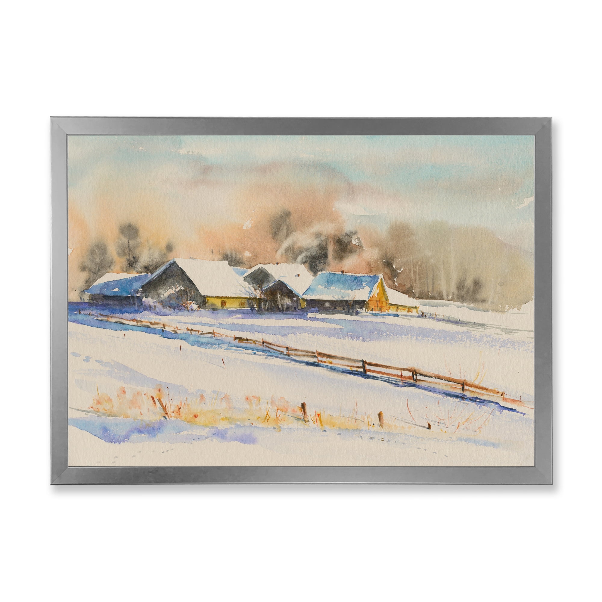 Designart 'Small VIllage At Evening Covered With Snow' Traditional Framed Art Print
