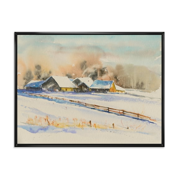 Designart 'Small VIllage At Evening Covered With Snow' Traditional Framed Canvas Wall Art Print