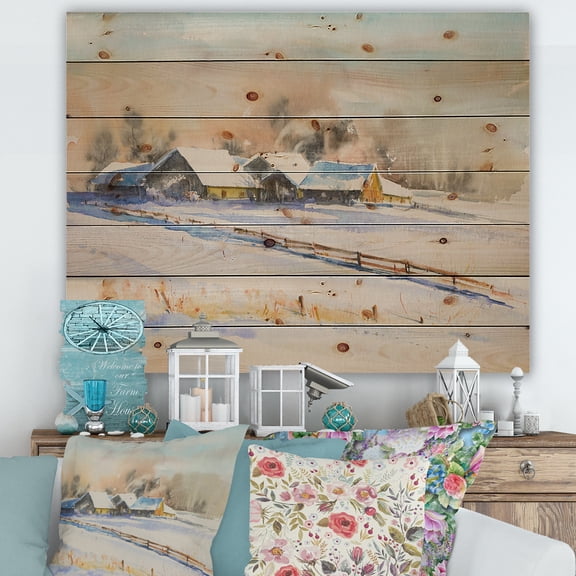 Designart 'Small VIllage At Evening Covered With Snow' Traditional Print on Natural Pine Wood
