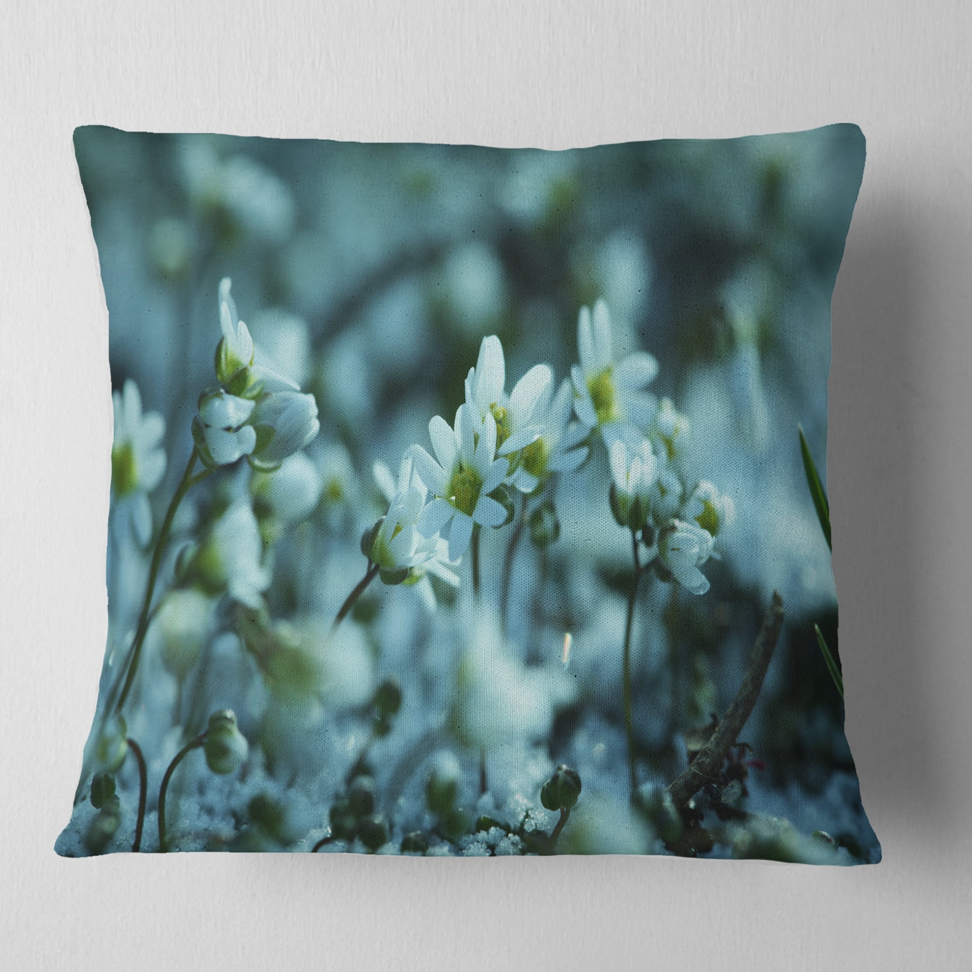 Designart Small White Flowers on Blue Background - Floral Throw Pillow - 16x16