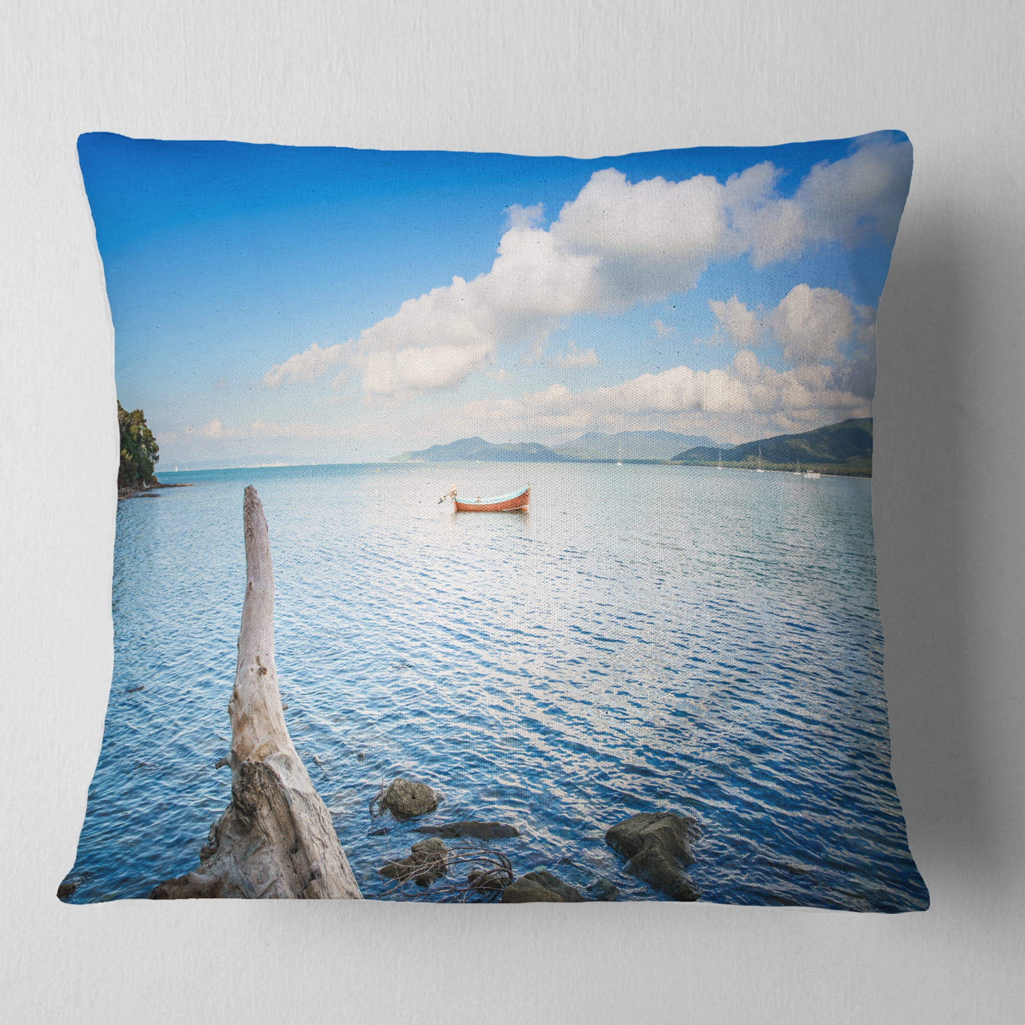 Designart Small Wooden Boat and Tree Trunk - Seashore Throw Pillow - 16x16