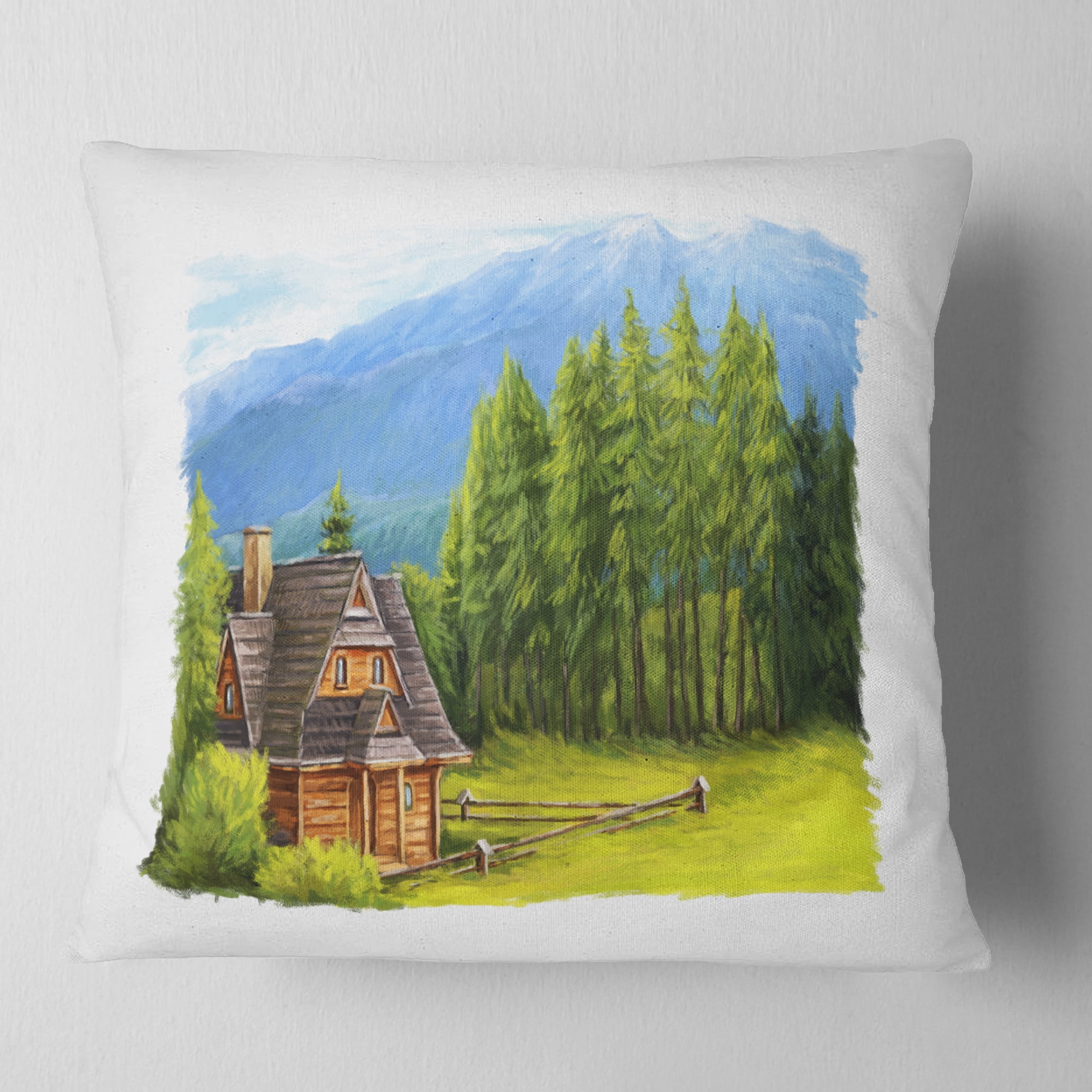 Designart Small Wooden Home in Mountains - Landscape Printed Throw Pillow - 16x16