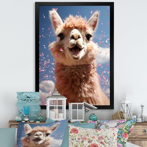 Designart "Smile Portrait Alpaca" Animals Framed Wall Art - Traditional White Alpaca Hallway Framed Wall Art Decor