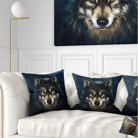Designart Smiling Wolf - Animal Throw Pillow - 16x16