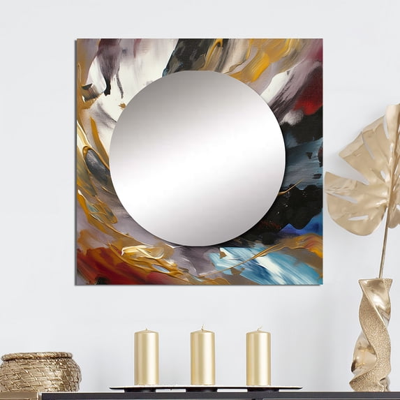 Designart "Smooth Euphoria Abstract Gold Black Blue II" Abstract Painting Square Mirror Wall Decor Modern - Large Multicolor Square Bathroom Mirror - Square Printed Wall Mirror Art