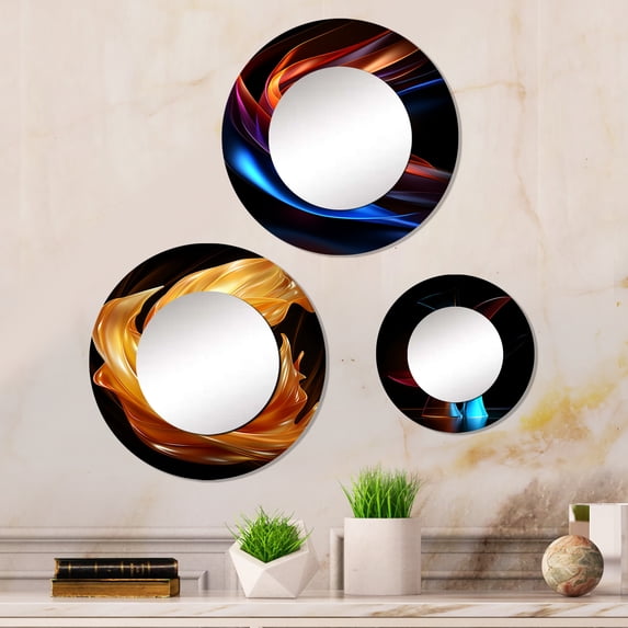 Designart "Smooth Gold Waves Gentle Fabric" Abstract Liquid Ink Round Mirror Set of 3 - Modern Gold Round Bedroom Mirror Wall Decor Set