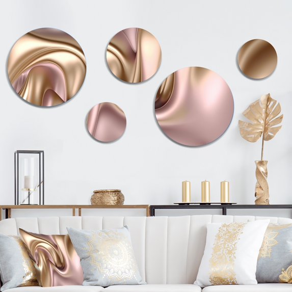 Designart "Smooth Liquid Gold In Soft Shades Of Gold And Taupe VI" Abstract Liquid Ink Metal Wall Art Set of 5 Piece