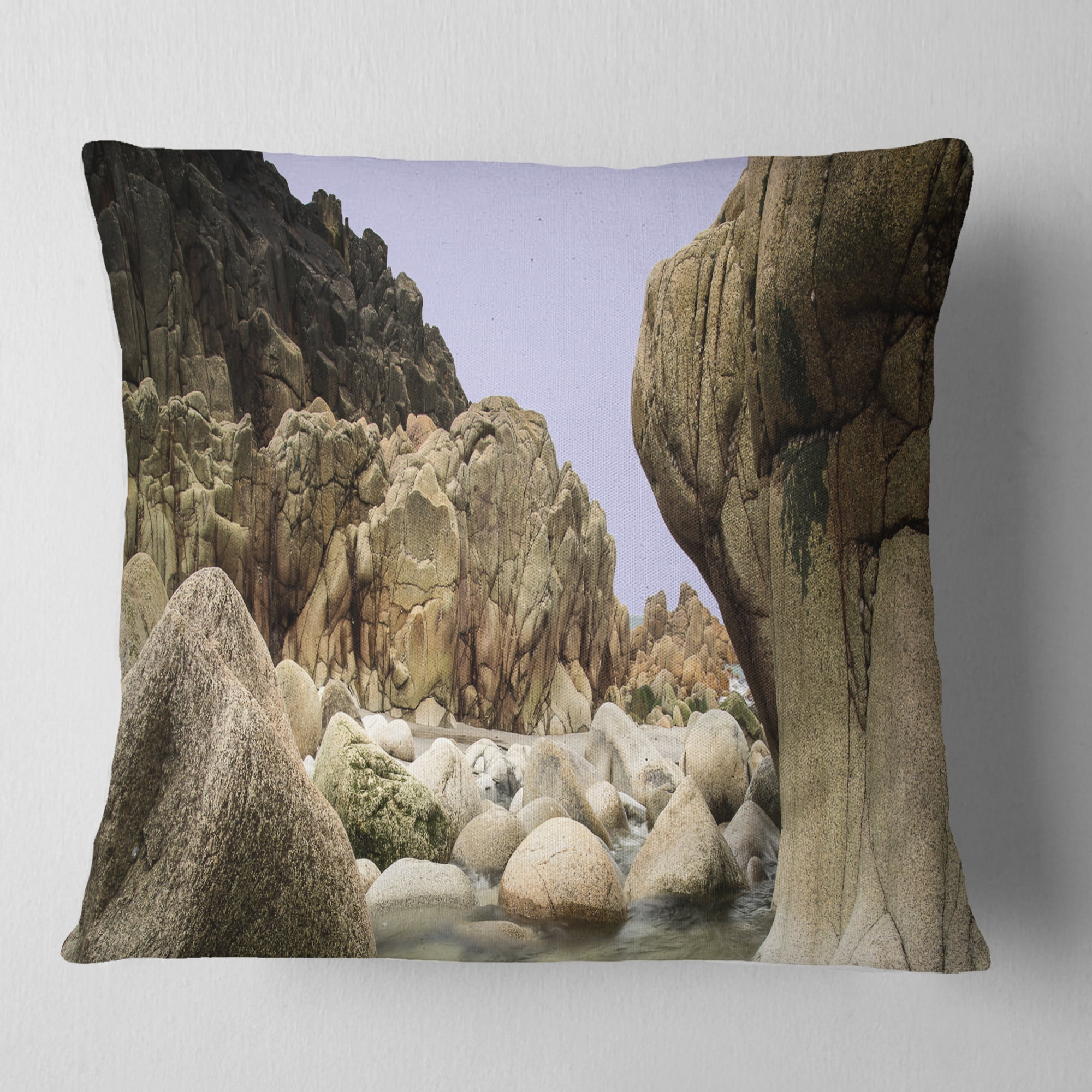 Designart Smooth Rocks in Coastline Panorama - Landscape Printed Throw Pillow - 18x18