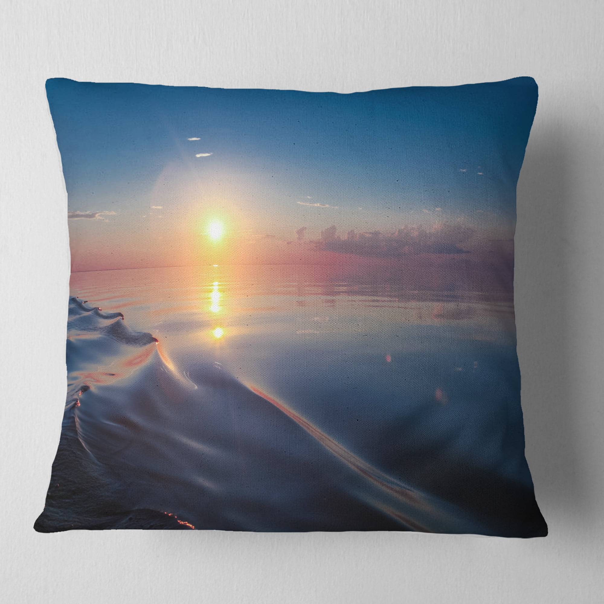 Designart Smooth Sea Surface under Sunset - Beach Photo Throw Pillow - 18x18