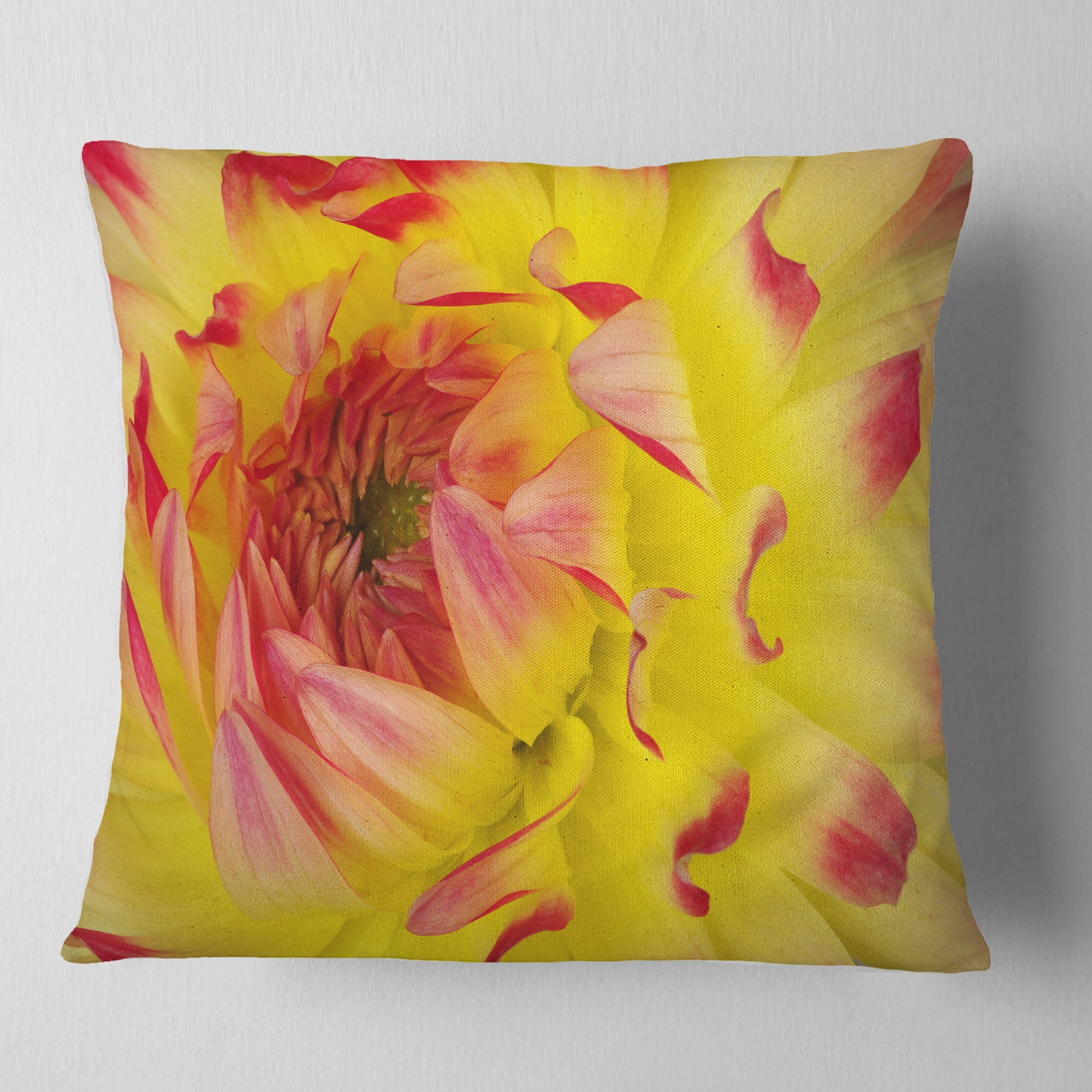 Designart Smooth Yellow Red Petals Close Up - Floral Throw Pillow - 18x18
