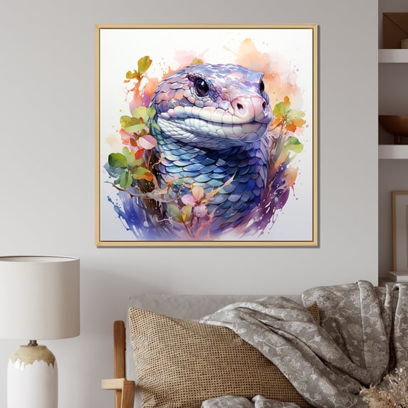 Designart "Snakes in Floral Grace I" Animals Framed Wall Art - Traditional Pink Snake Living Room Framed Canvas Art