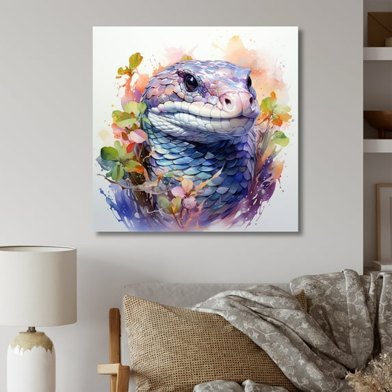 Designart "Snakes in Floral Grace I" Animals Wall Art - Modern Pink Snake Entryway Wall Art Print