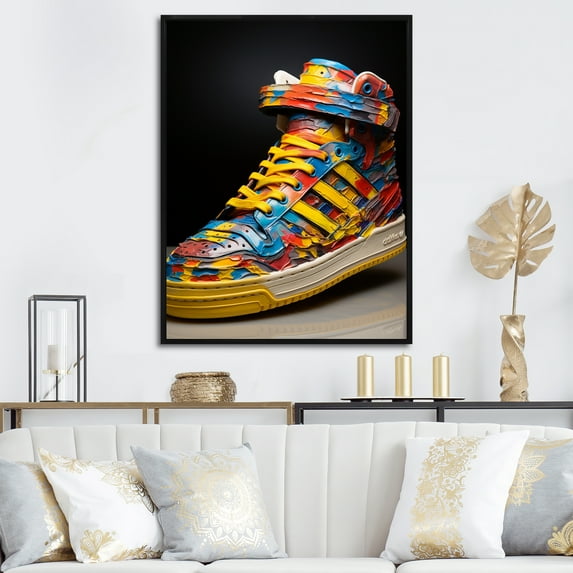 Designart "Sneaker Fashion in Street Art" Fashion Framed Wall Art - Glam Yellow Fashion Accessories Entryway Framed Wall Art