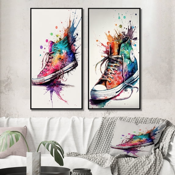 Designart "Sneaker Splash of Colors I" Fashion Framed Wall Art Set Of 2 - Multicolor Fashion Gallery Wall Frame Set For Home Decor