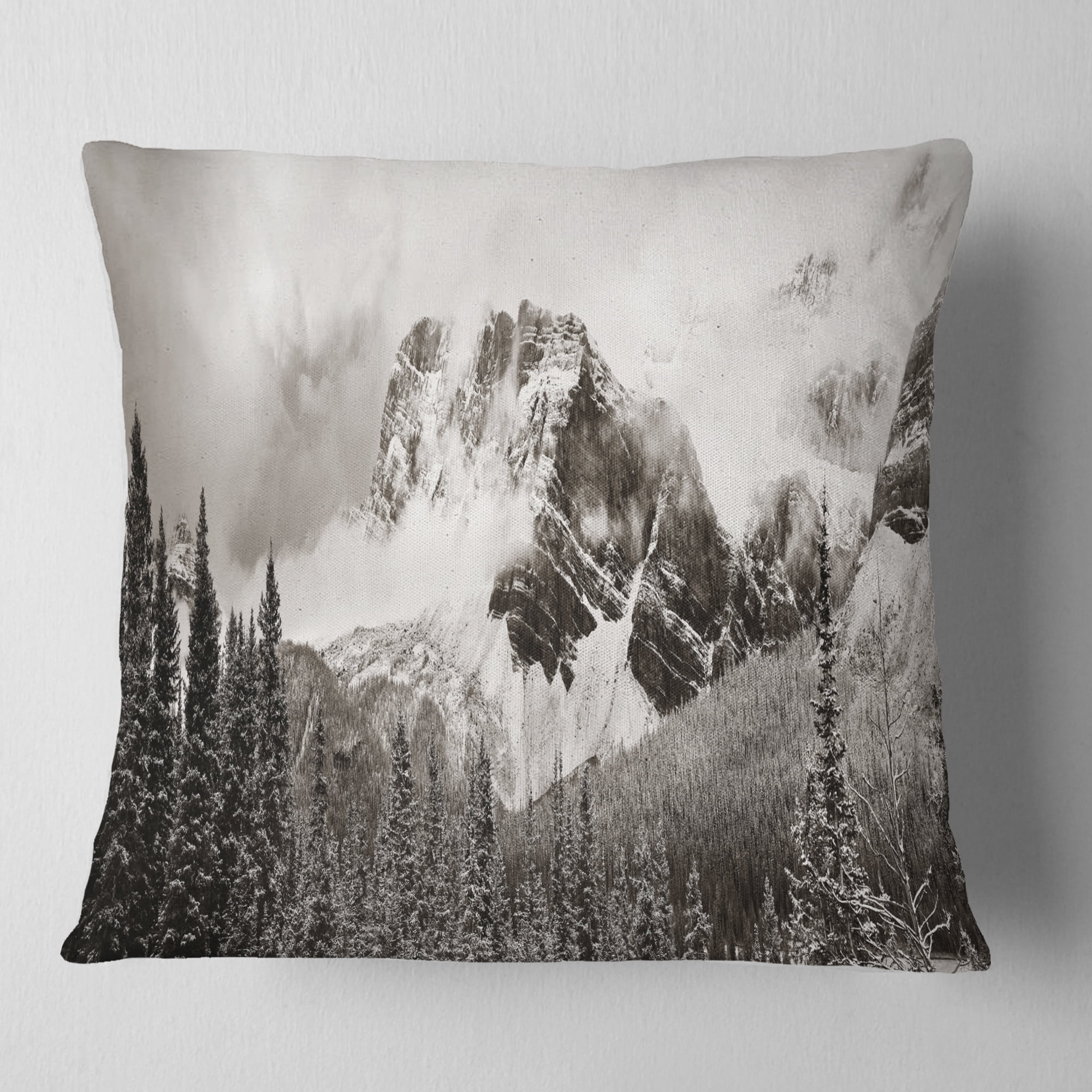 Designart Snow Capped Hills and Bow Lake - Landscape Printed Throw Pillow - 18x18