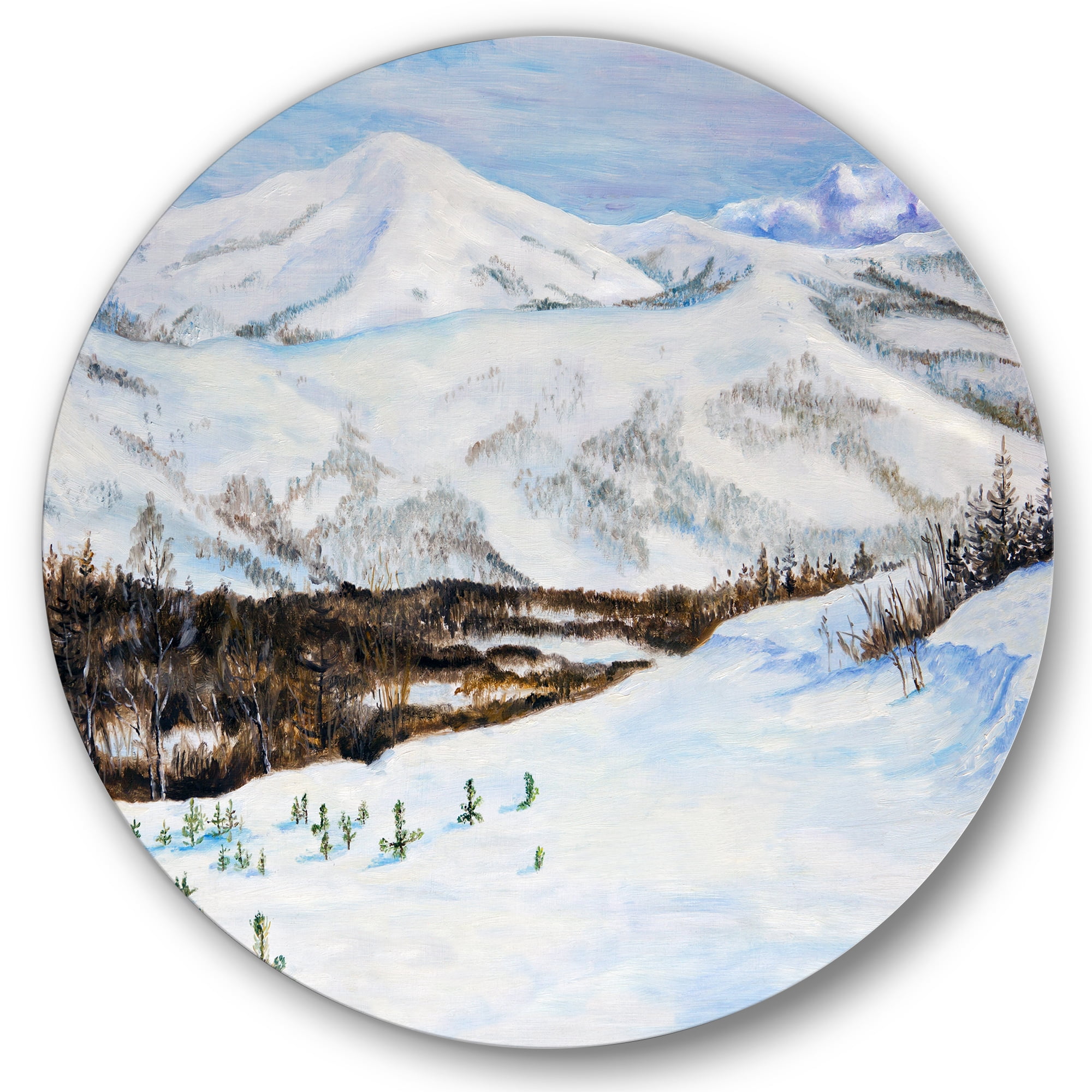 Designart 'Snow-Capped Mountains With Winter Landscape' Traditional Circle Metal Wall Art 23x23 - Disc of 23