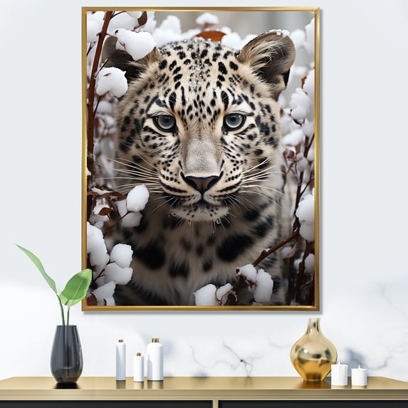 Designart "Snow Charm Of The Subdued Majesty Leopard" Animals Leopard Floater Framed Canvas Wall Art