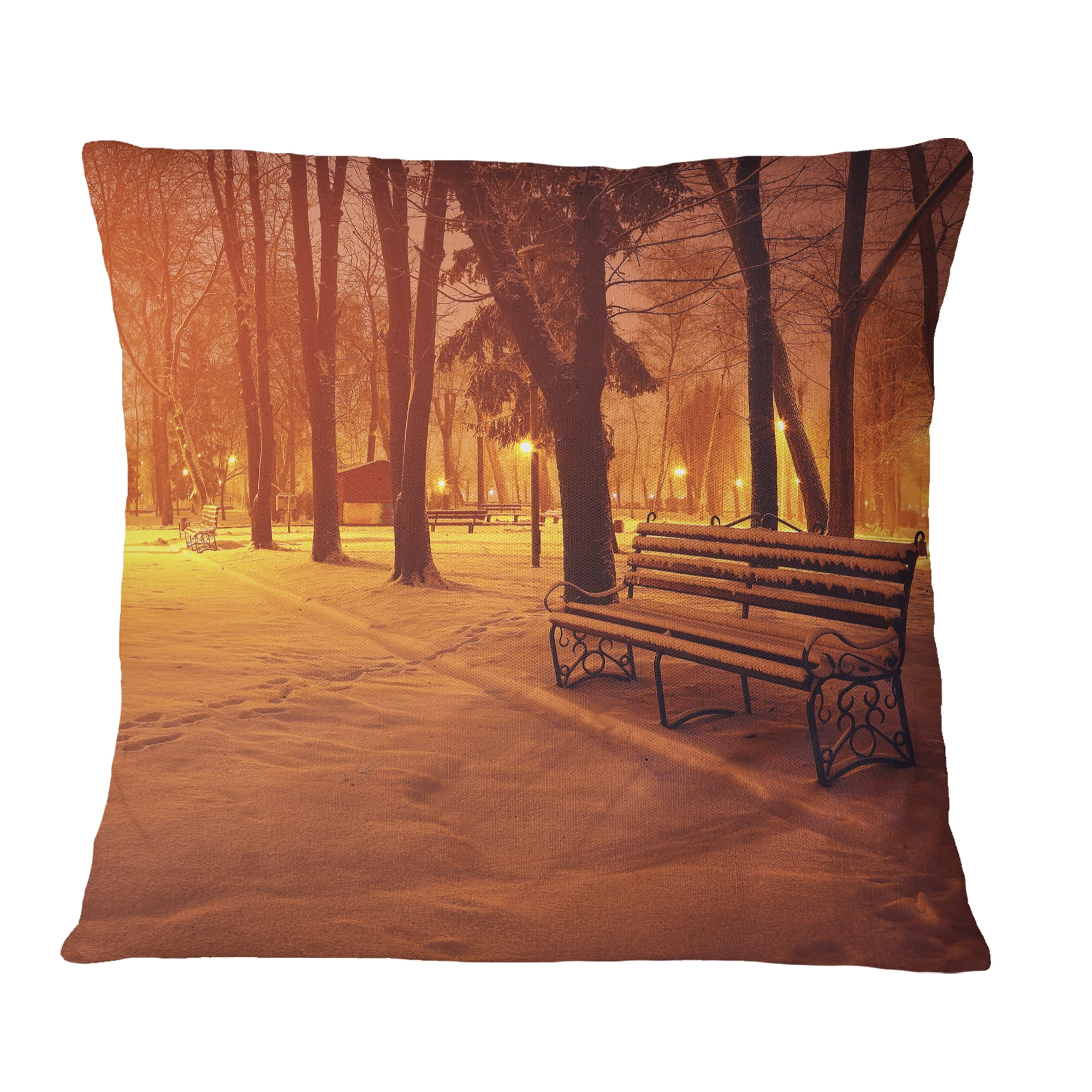 Designart Snow Covered Benches in Evening - Landscape Printed Throw Pillow - 18x18