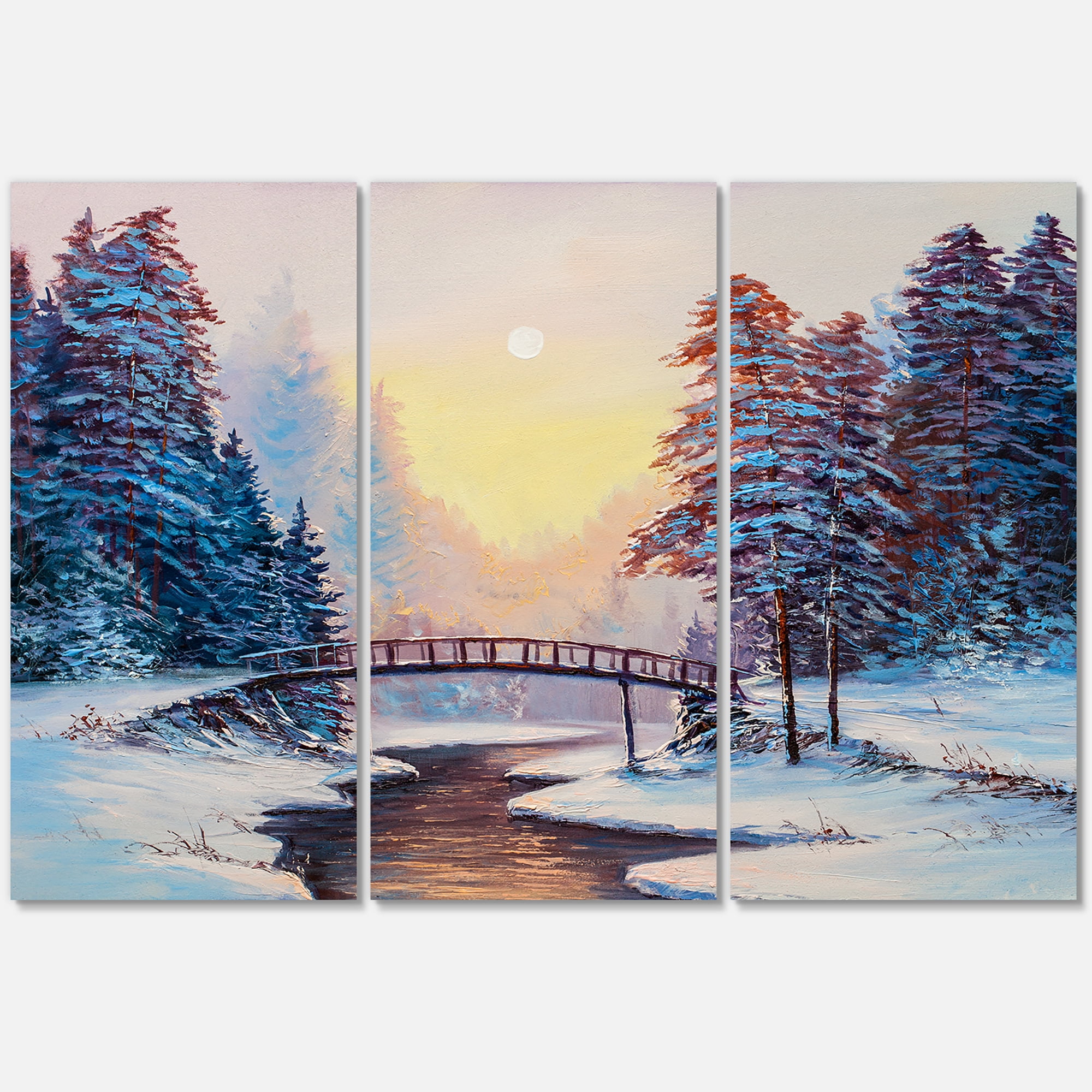 Designart ' Snow Covered Landscape and Little Bridge ' Traditional Canvas Wall Art Print