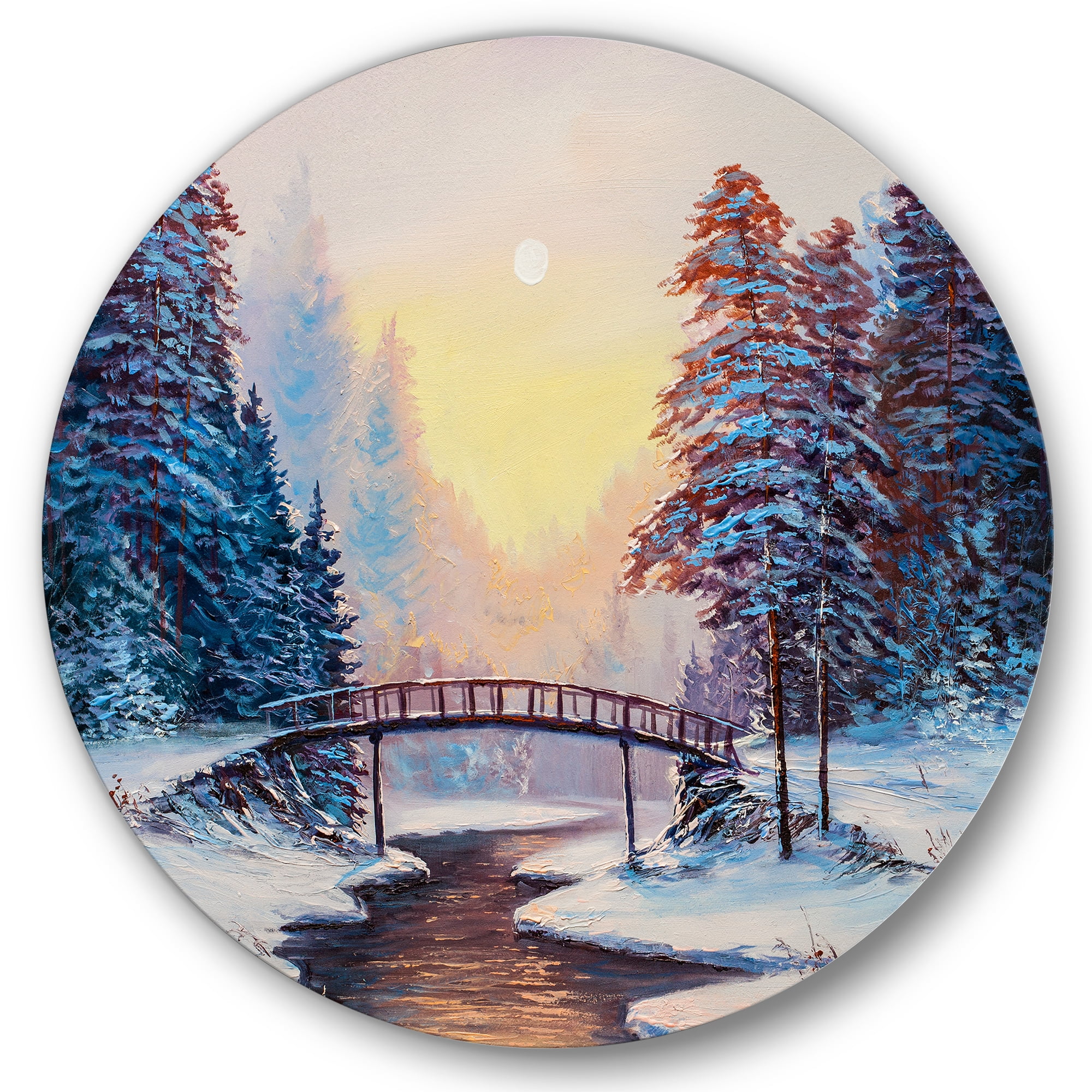 Designart 'Snow Covered Landscape and Little Bridge' Traditional Circle Metal Wall Art 36x36 - Disc of 36