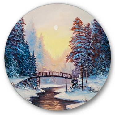 Designart 'Snow Covered Landscape and Little Bridge' Traditional Circle Metal Wall Art 36x36 - Disc of 36