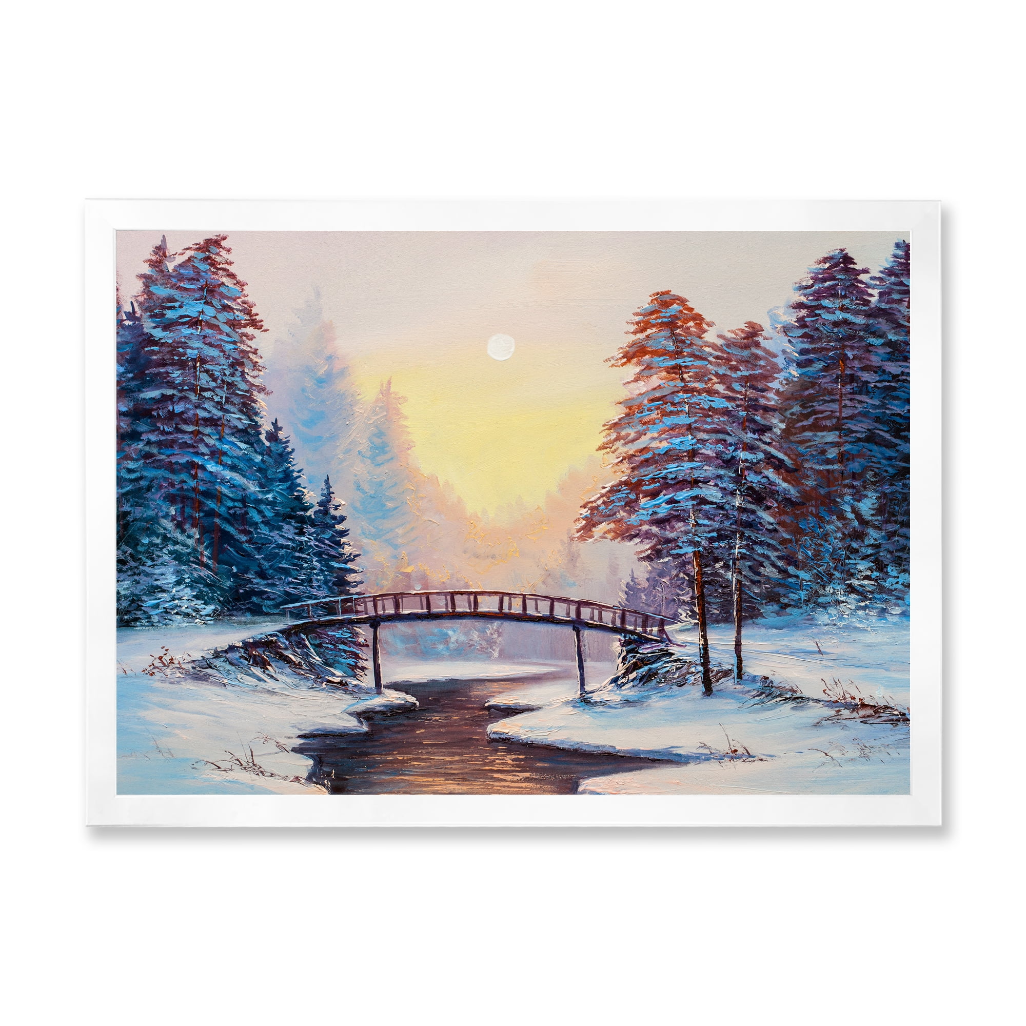 Designart 'Snow Covered Landscape and Little Bridge' Traditional Framed Art Print