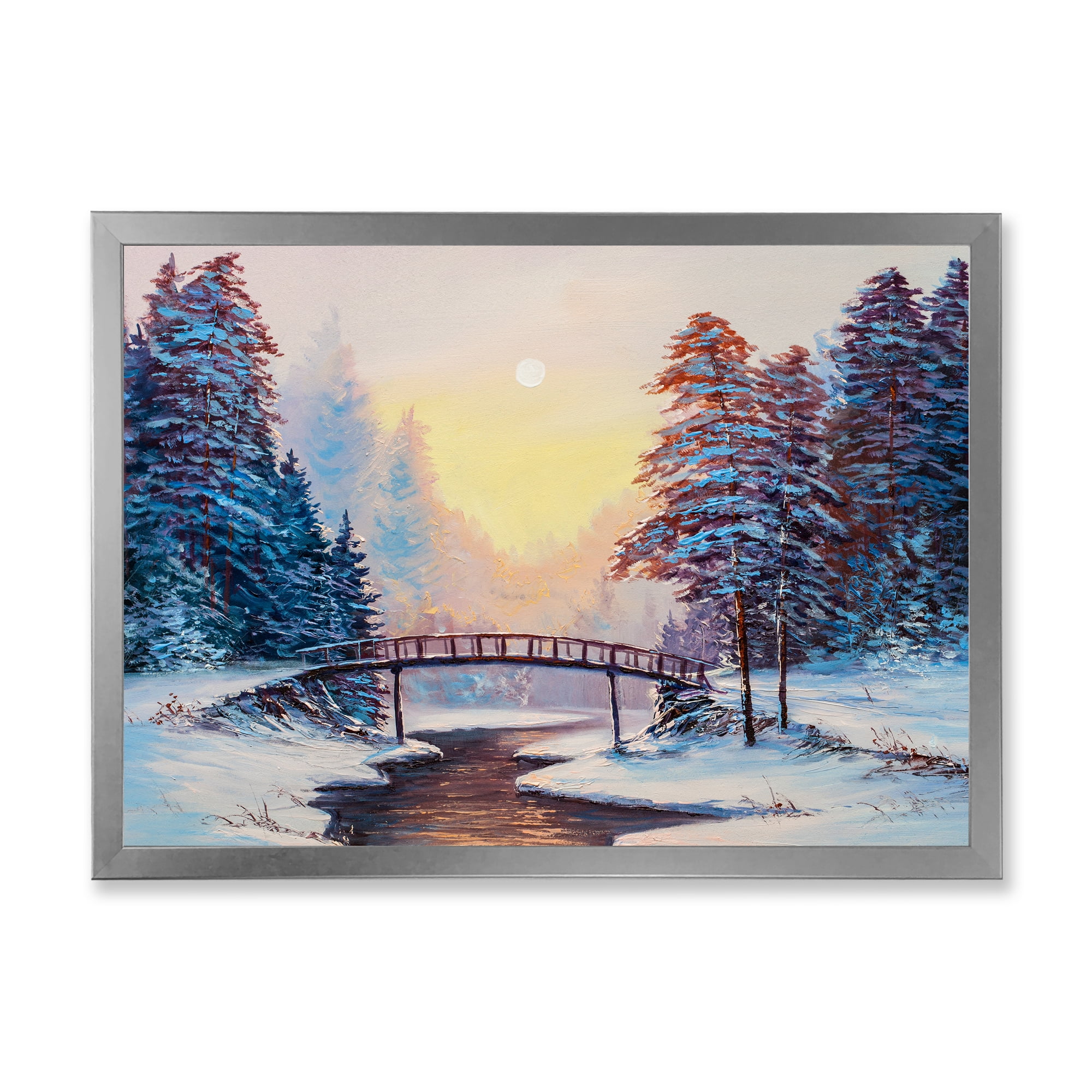 Designart 'Snow Covered Landscape and Little Bridge' Traditional Framed Art Print