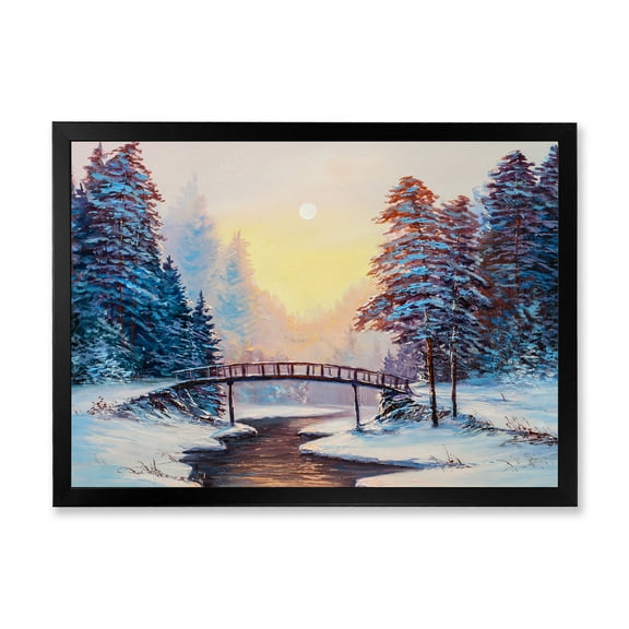 Designart 'Snow Covered Landscape and Little Bridge' Traditional Framed Art Print