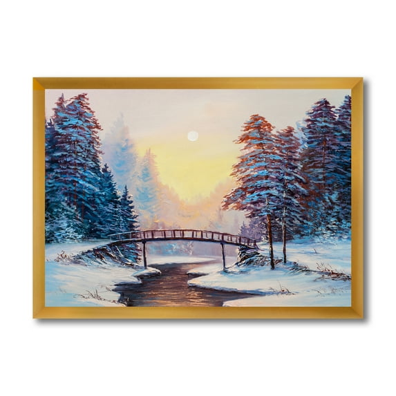 Designart 'Snow Covered Landscape and Little Bridge' Traditional Framed Art Print