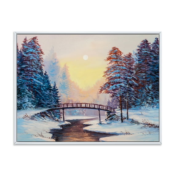 Designart 'Snow Covered Landscape and Little Bridge' Traditional Framed Canvas Wall Art Print