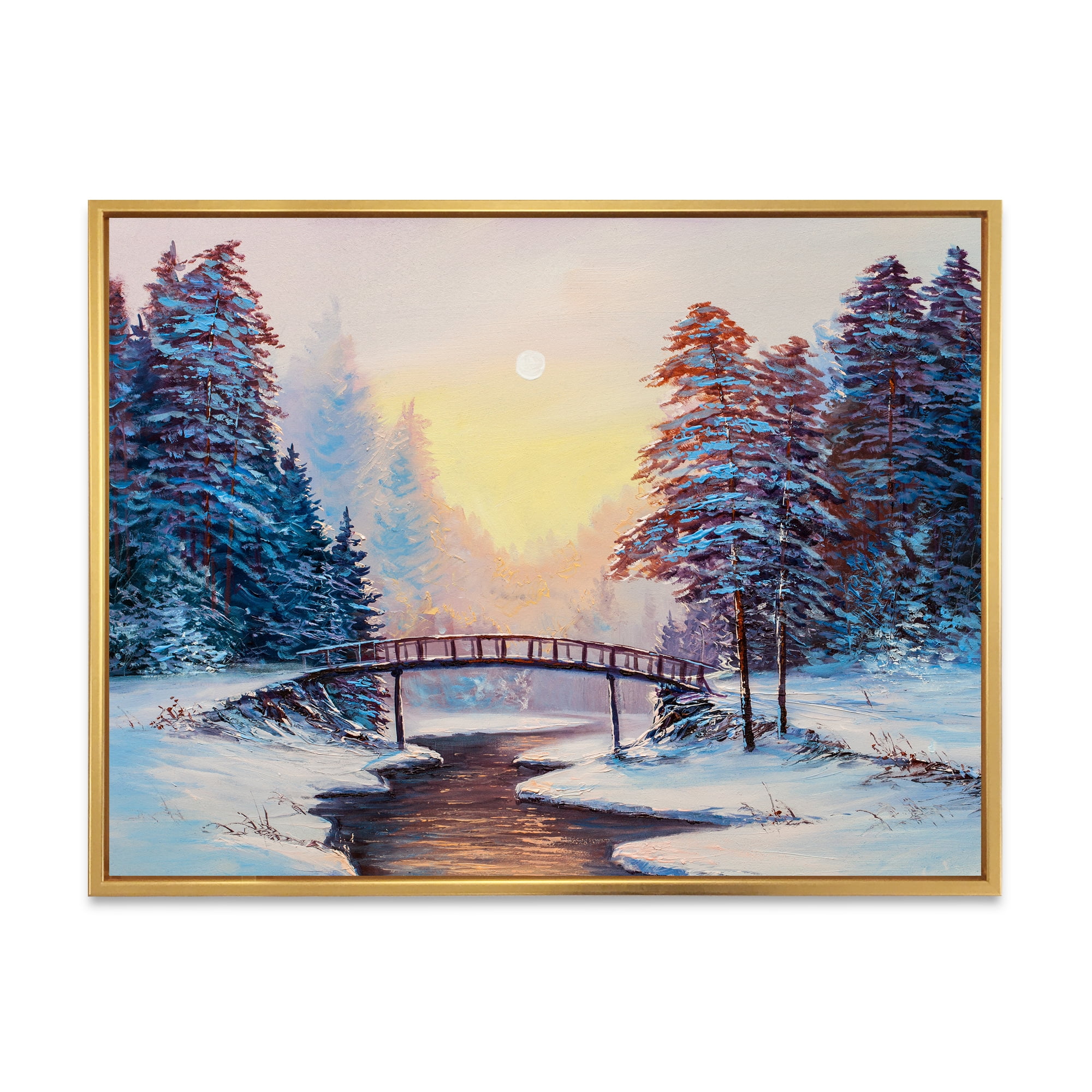 Designart 'Snow Covered Landscape and Little Bridge' Traditional Framed Canvas Wall Art Print