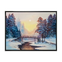 Designart 'Snow Covered Landscape and Little Bridge' Traditional Framed Canvas Wall Art Print