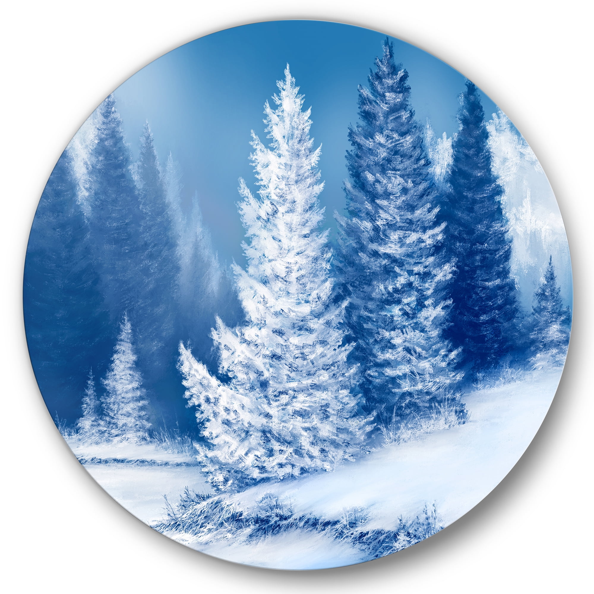Designart 'Snow Covered Trees With Dreamlike Spruce Forest' Lake House Circle Metal Wall Art 23x23 - Disc of 23