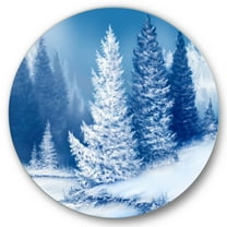 Designart 'Snow Covered Trees With Dreamlike Spruce Forest' Lake House Circle Metal Wall Art 36x36 - Disc of 36
