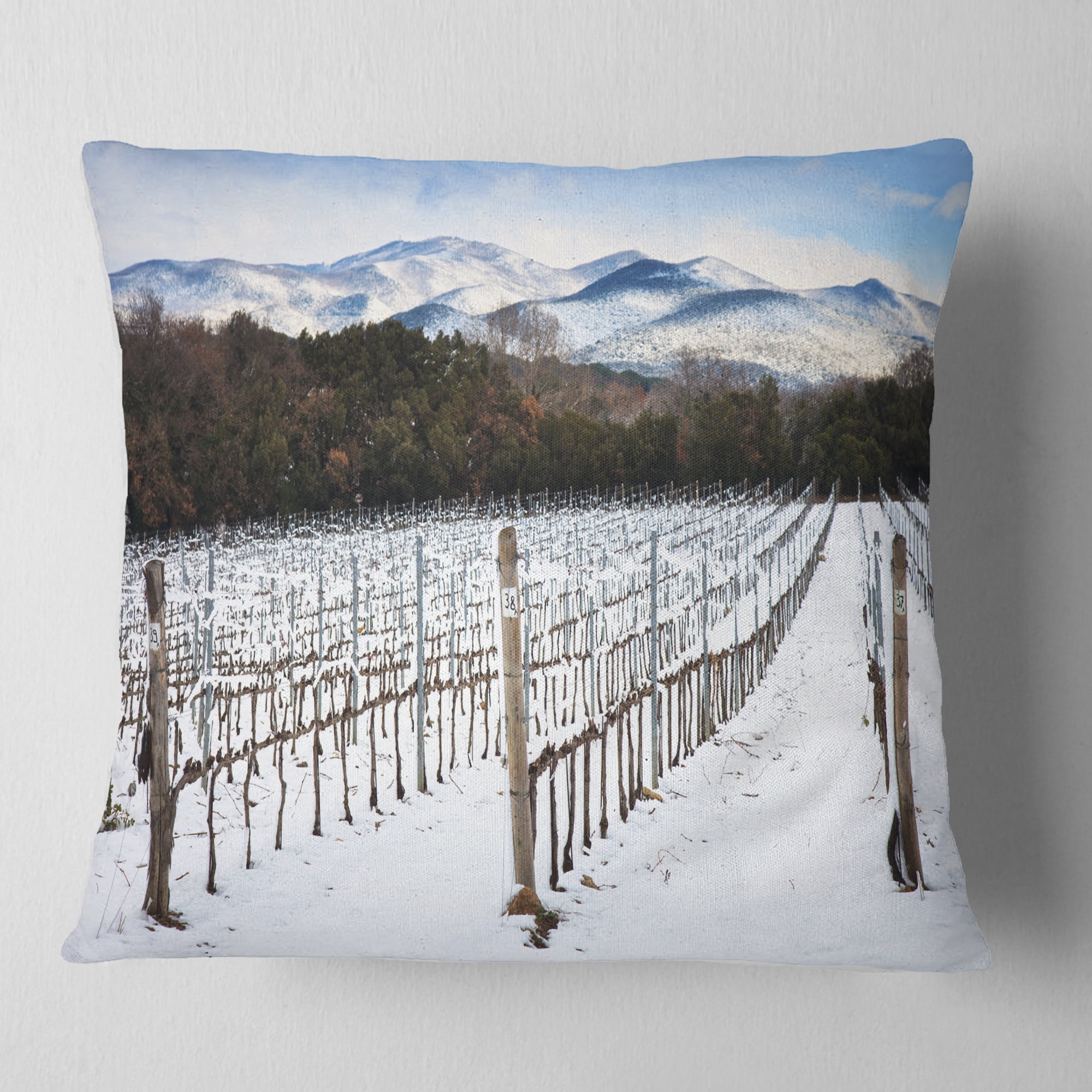 Designart Snow Covered Vineyard Rows Italy - Landscape Printed Throw Pillow - 16x16