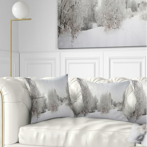 Designart Snow Landscape with Frosted Trees - Landscape Printed Throw Pillow - 16x16