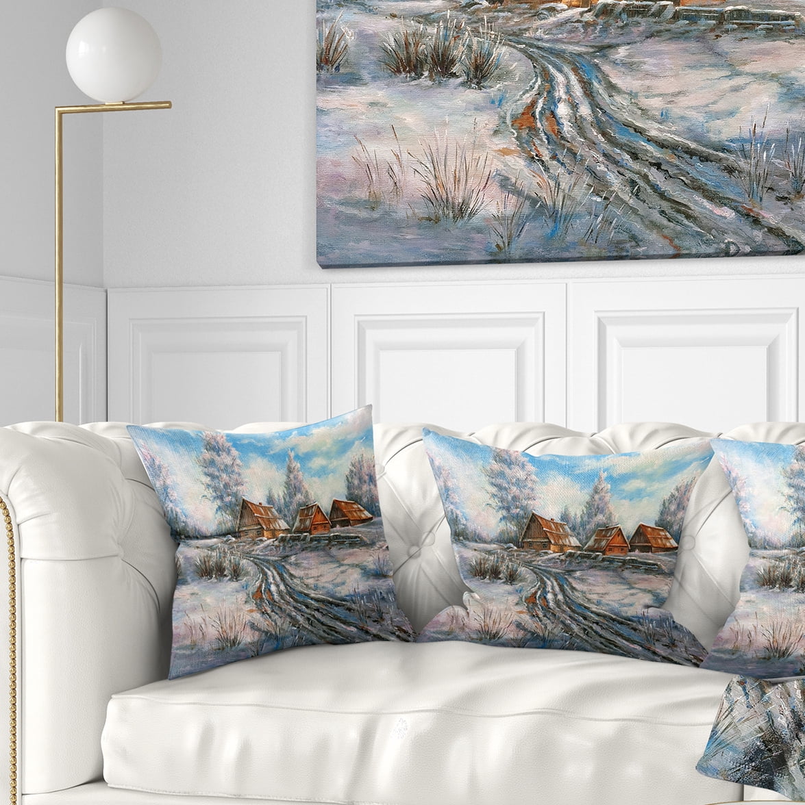 Designart Snow Village - Landscape Printed Throw Pillow - 16x16