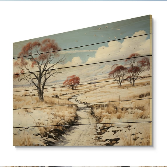 Designart "Snow Winters Beauty Pastoral II" Landscapes Print on Natural Pine Wood
