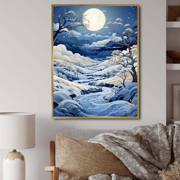 Designart "Snow Winters Moon silence I" Landscape & Nature Floater Framed Wall Art Print