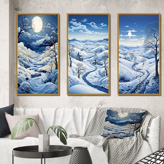 Designart "Snow Winters Moon silence I" Landscape & Nature Framed Wall Art Set Of 3 - Blue Snow Frame Canvas Set For Living Room Decor