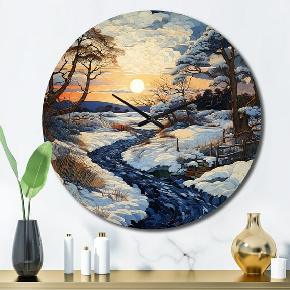 Designart "Snow Winters Sunset silence" Landscapes Oversized Wall Clock