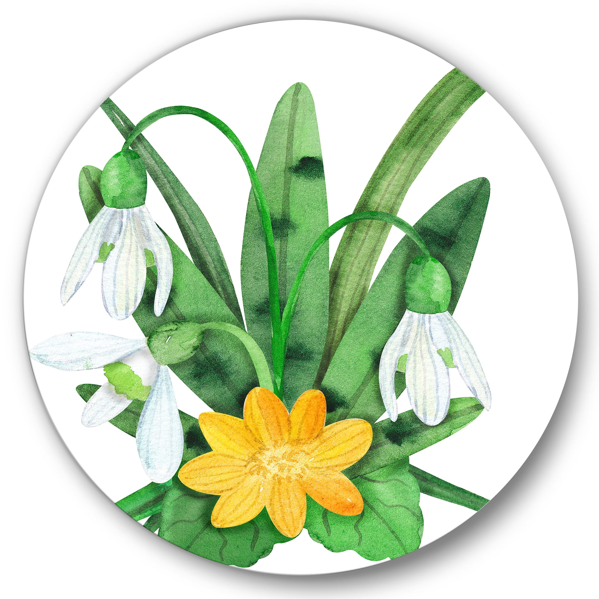 Designart 'Snowdrops and Yellow Erantis VIntage Flowers' Traditional Circle Metal Wall Art 23x23 - Disc of 23