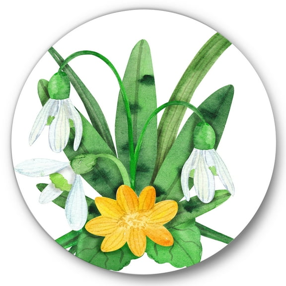 Designart 'Snowdrops and Yellow Erantis VIntage Flowers' Traditional Circle Metal Wall Art 36x36 - Disc of 36