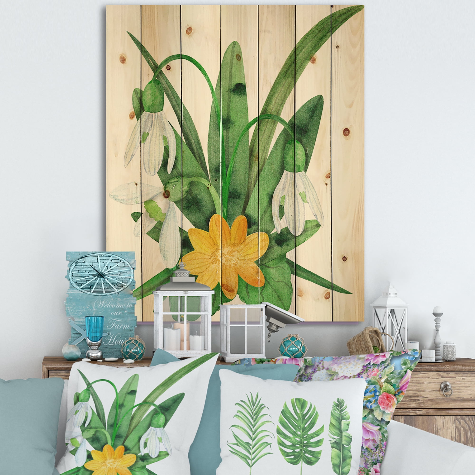 Designart 'Snowdrops and Yellow Erantis VIntage Flowers' Traditional Print on Natural Pine Wood