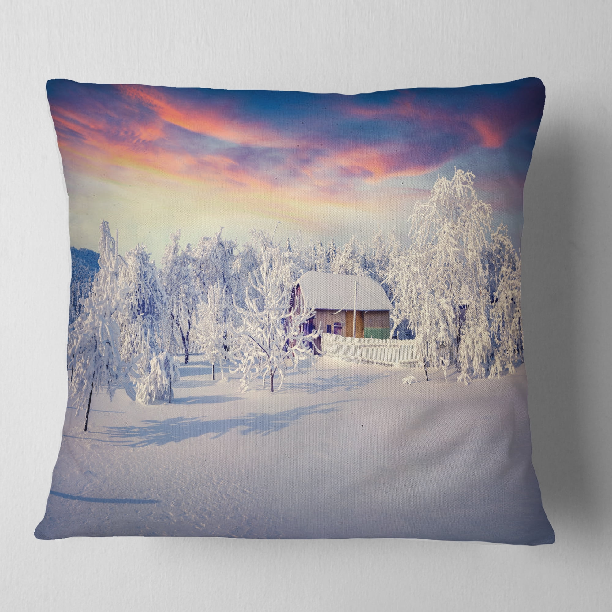 Designart Snowfall Covering Trees and Houses - Landscape Printed Throw Pillow - 18x18