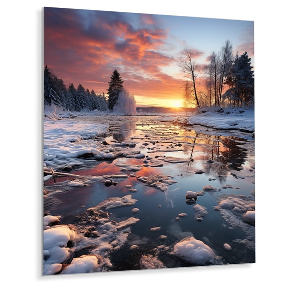 Designart "Snowfall During a Winter Sunset II" Landscapes Metal Art Print