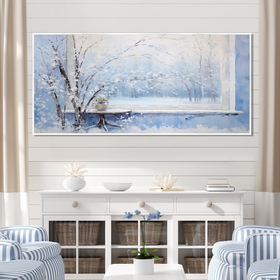 Designart "Snowfall Forest A Winter Landscape II" Oversized Landscapes Framed Wall Art - Traditional Blue Winter Landscape Entryway Framed Wall Art Print