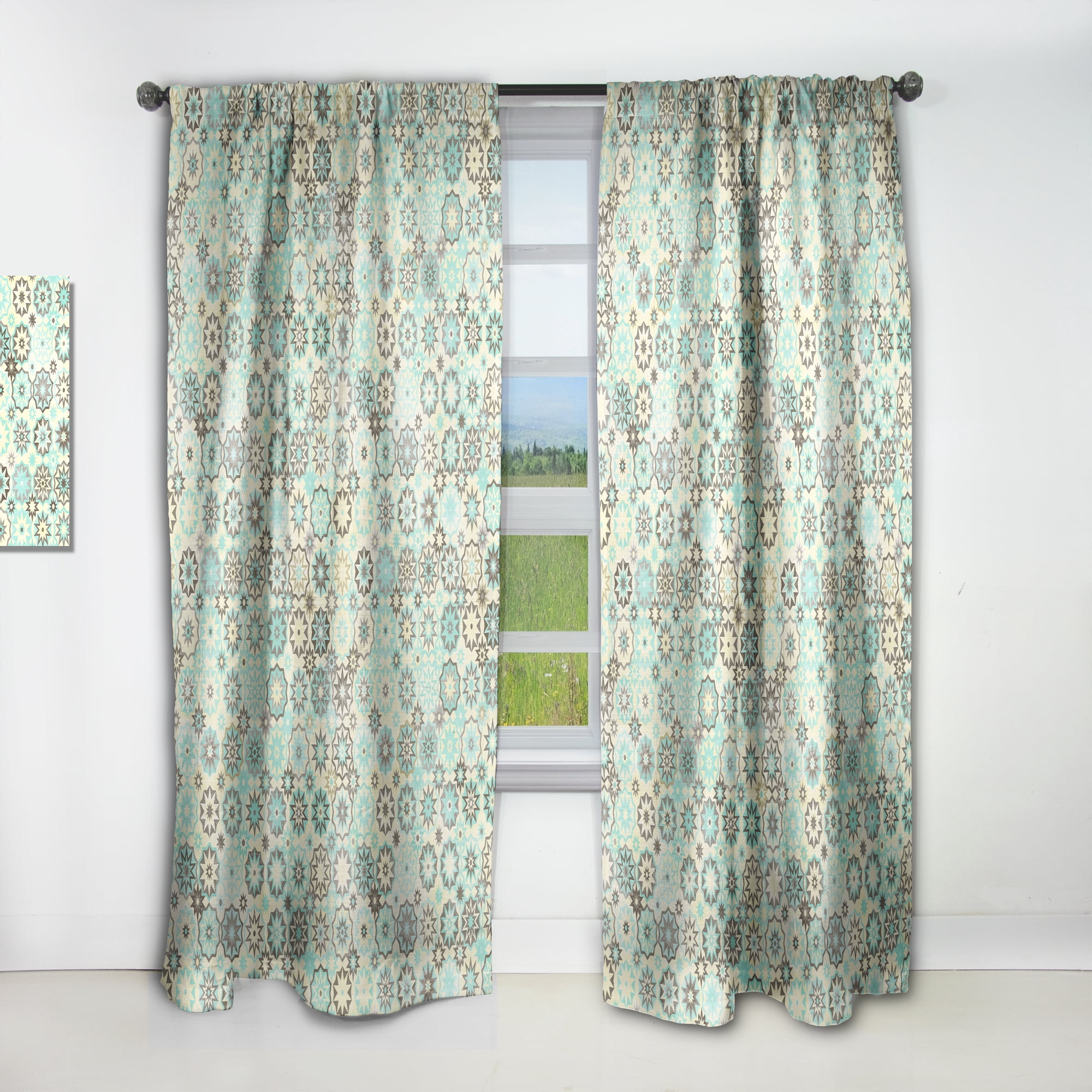 Designart 'Snowflakes Vintage In Yellow and Turquoise' Mid-Century Modern Curtain Panel